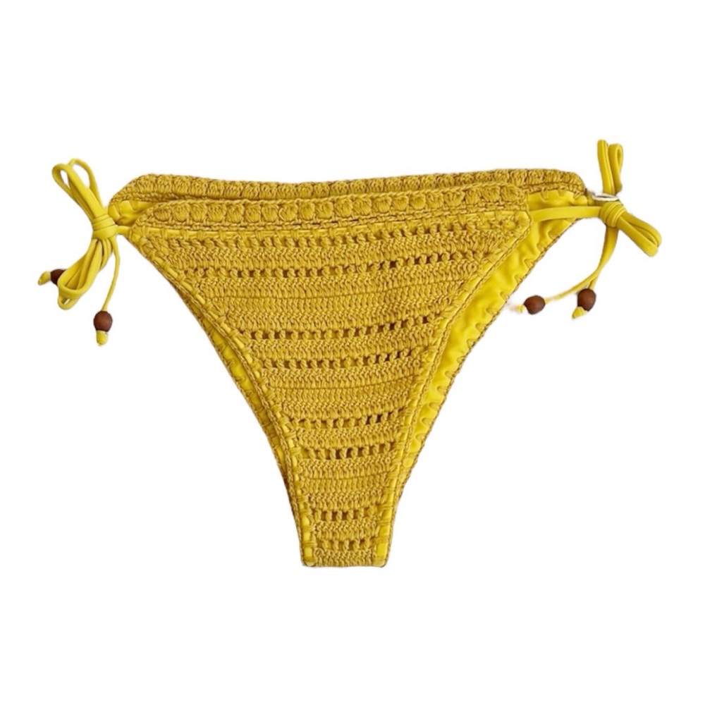 WET SWIMWEAR Milana Crocheted Side-Tie Bikini Bottoms in Saffeon Yellow
